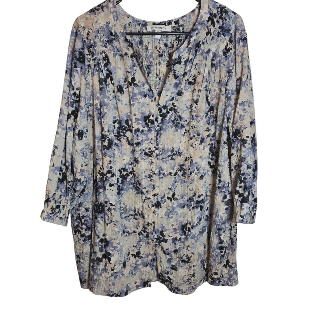 Rose + Olive Gauzy Faux Button Women's 2X Blouse Abstract Floral Smocked V-Neck